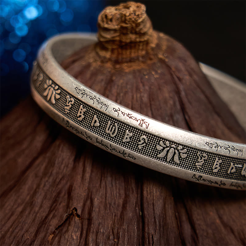 Karma Stone Om Mani Padme Hum Heart Sutra Mantra Lotus Peace Meditation Cuff Bracelet Bangle