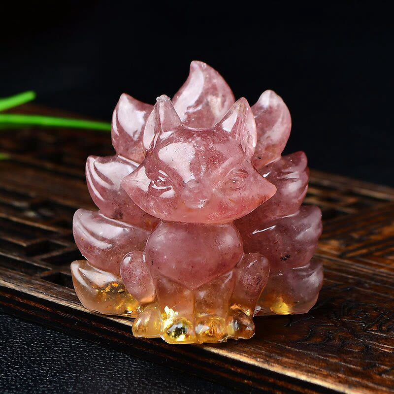 Karma Stone Natural Various Crystal Strawberry Quartz Amethyst Nine Tailed Fox Protection Home Decoration