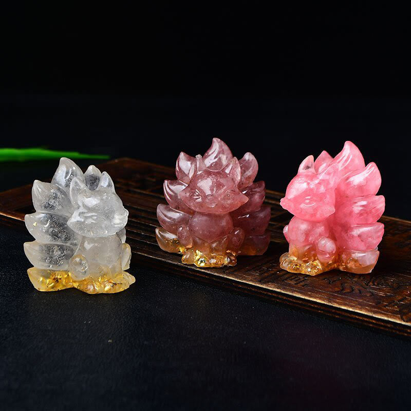 Karma Stone Natural Various Crystal Strawberry Quartz Amethyst Nine Tailed Fox Protection Home Decoration