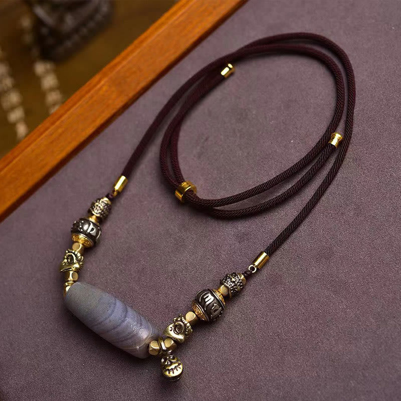Karma Stone Tibet Dzi Bead Om Mani Padme Hum Protection Necklace Pendant