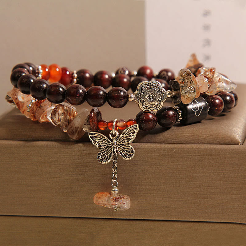 Karma Stone Natural Rutilated Quartz Small Leaf Red Sandalwood Wealth Butterfly Charm Bracelet