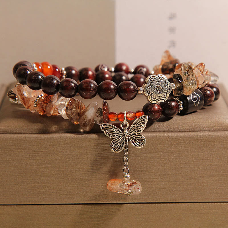 Karma Stone Natural Rutilated Quartz Small Leaf Red Sandalwood Wealth Butterfly Charm Bracelet