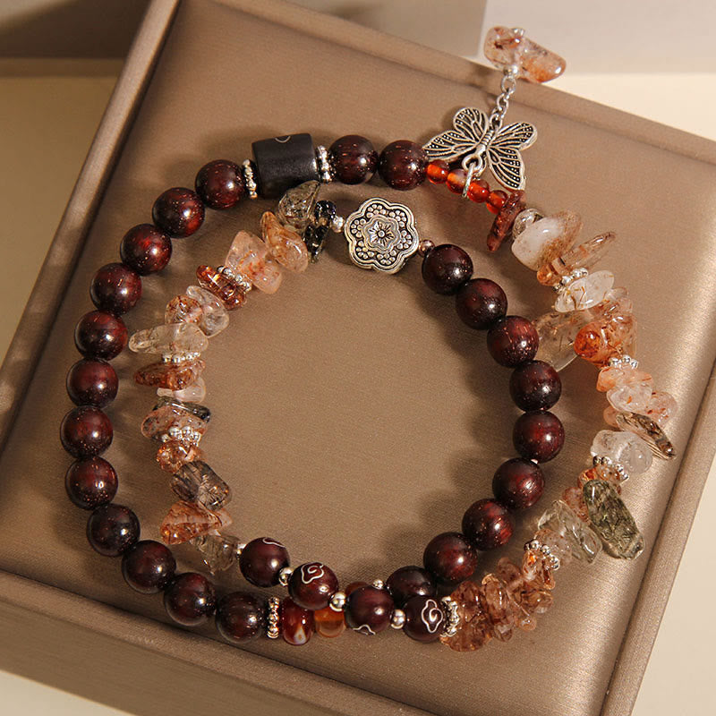 Karma Stone Natural Rutilated Quartz Small Leaf Red Sandalwood Wealth Butterfly Charm Bracelet