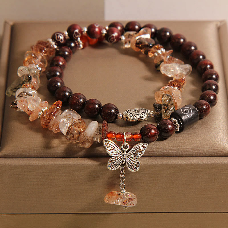 Karma Stone Natural Rutilated Quartz Small Leaf Red Sandalwood Wealth Butterfly Charm Bracelet
