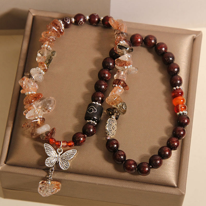 Karma Stone Natural Rutilated Quartz Small Leaf Red Sandalwood Wealth Butterfly Charm Bracelet