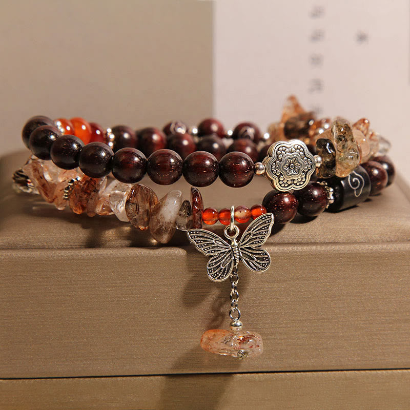 Karma Stone Natural Rutilated Quartz Small Leaf Red Sandalwood Wealth Butterfly Charm Bracelet