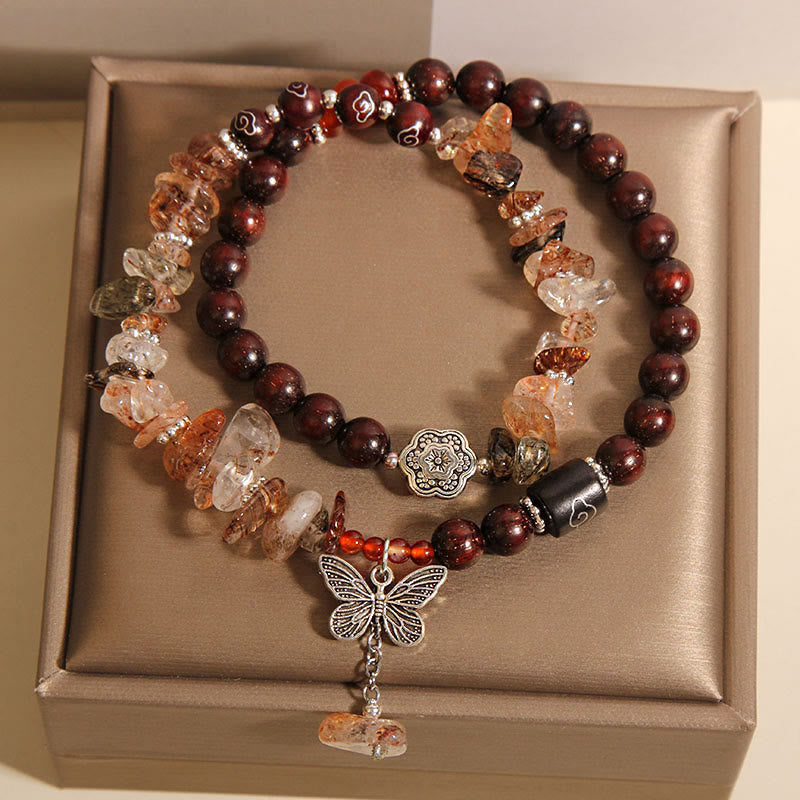 Karma Stone Natural Rutilated Quartz Small Leaf Red Sandalwood Wealth Butterfly Charm Bracelet