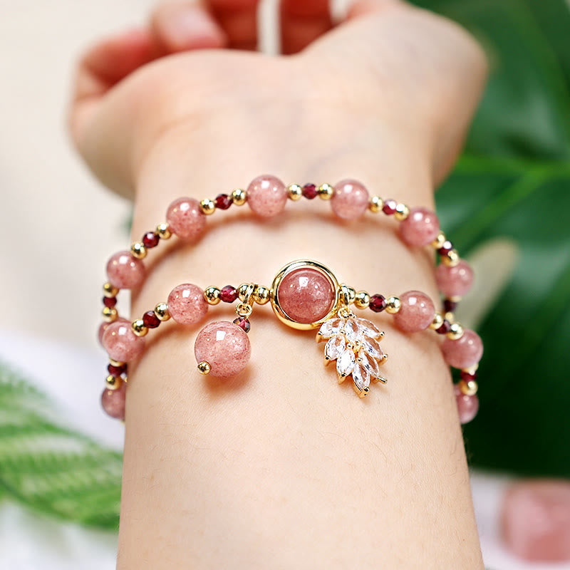 Karma Stone Natural Strawberry Quartz Love Healing Maple Leaf Charm Double Wrap Bracelet