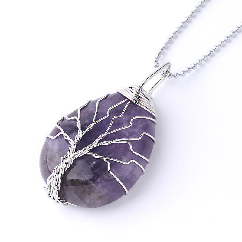 Karma Stone Natural Quartz Crystal Tree Of Life Healing Energy Necklace Pendant