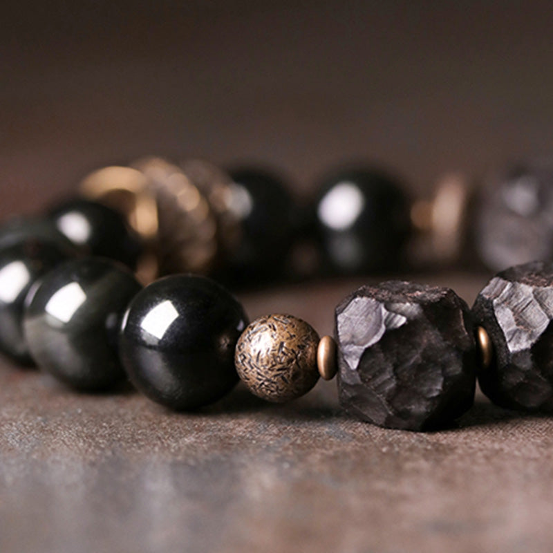 Karma Stone Black Obsidian Ebony Wood Copper Strength Couple Bracelet