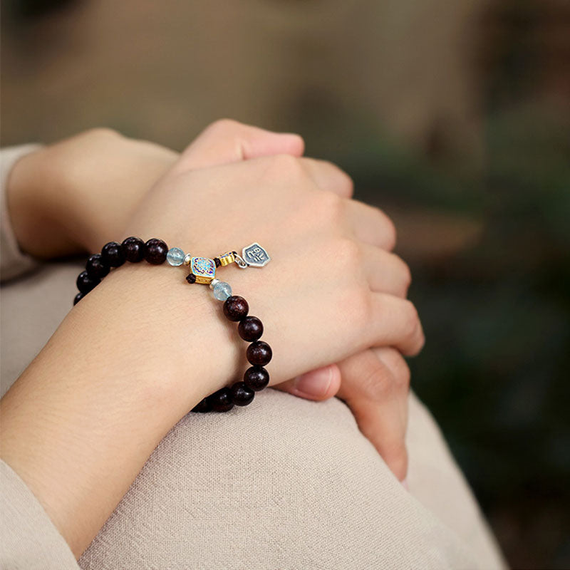 Karma Stone 925 Sterling Silver Indian Small Leaf Red Sandalwood Aquamarine Full of Gold Star Chinese Knotting Blessing Bracelet