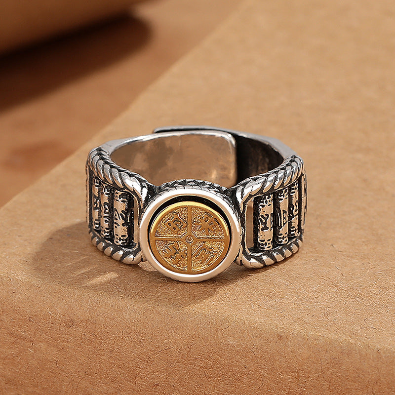 Karma Stone Tibetan Om Mani Padme Hum Carved Design Copper Coin Purity Rotatable Ring