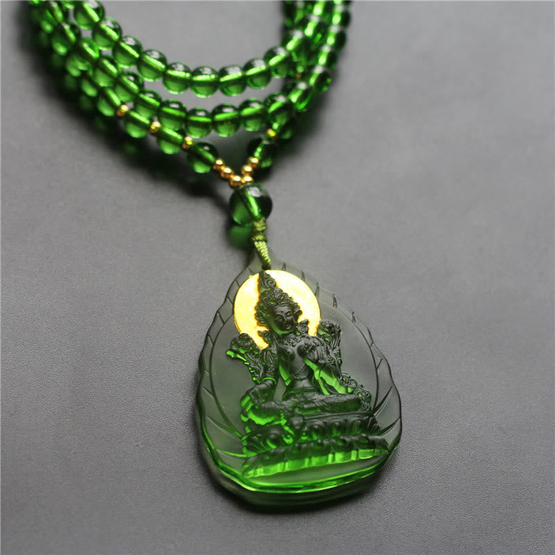 Karma Stone Tibetan Green Tara Buddha Gold Plated Liuli Crystal Protection Necklace Pendant