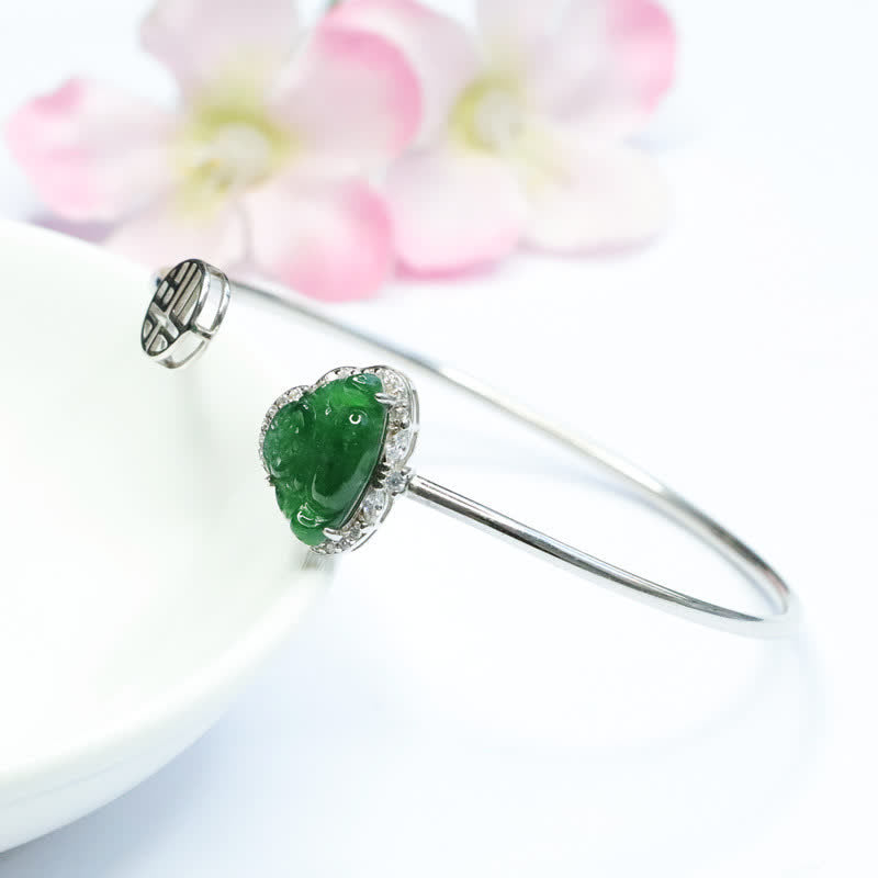 Karma Stone 925 Sterling Silver Laughing Buddha Jade Luck Bracelet Bangle