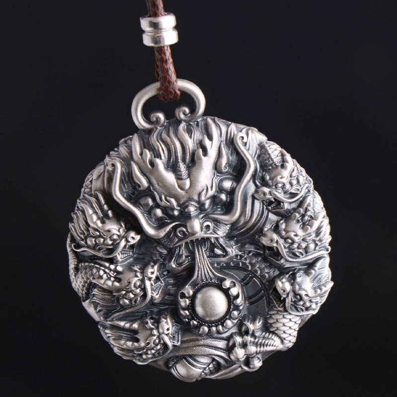 Karma Stone 999 Sterling Silver Nine Dragons Playing With A Pearl Luck Protection Necklace Pendant