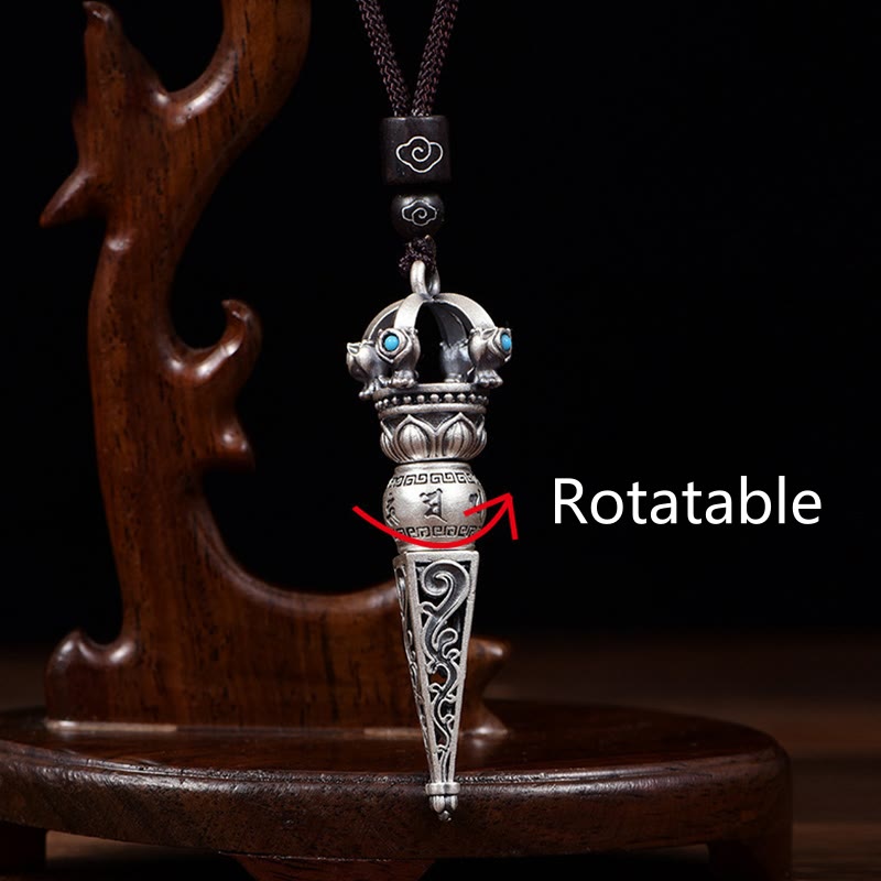 Karma Stone Tibetan Om Mani Padme Hum Dorje Vajra Design Wisdom Rotatable Necklace Pendant