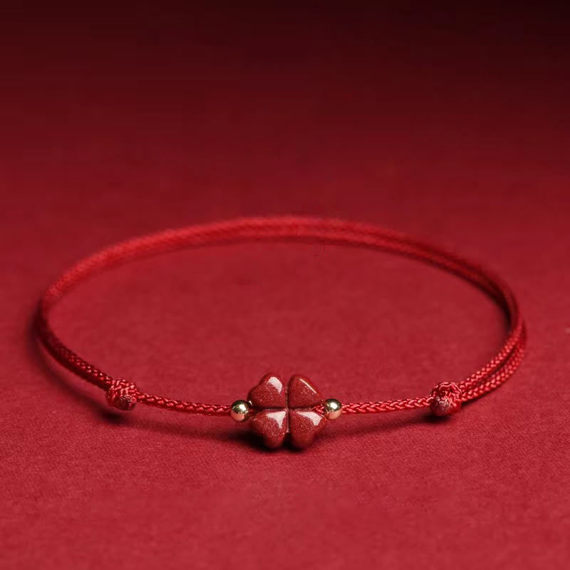 Karma Stone Natural Cinnabar Four Leaf Clover Blessing Red String Bracelet Anklet