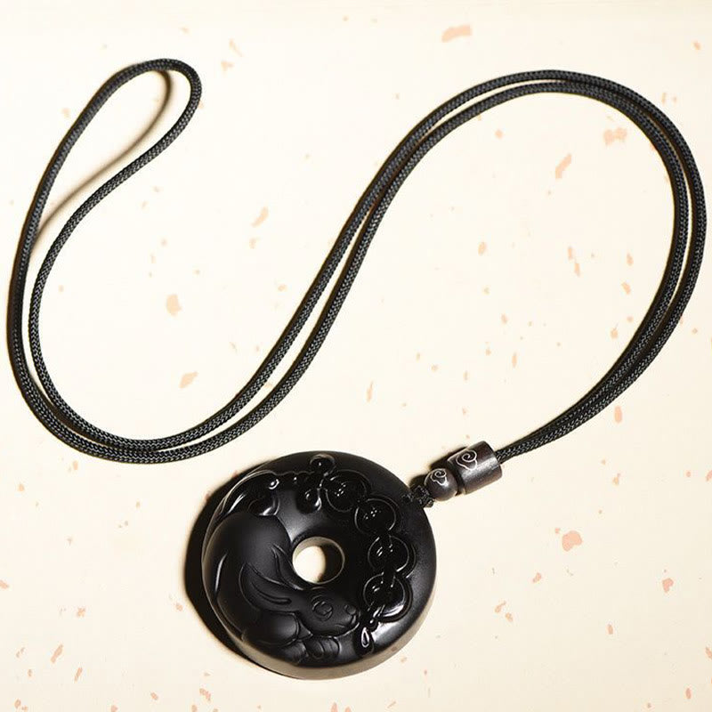 Karma Stone Chinese Zodiac Natural Black Obsidian Peace Buckle Strength Necklace Pendant
