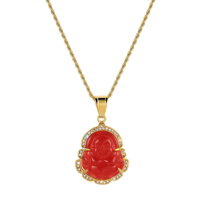 Karma Stone 18K Gold Filled Laughing Buddha Jade Luck Necklace Chain Pendant