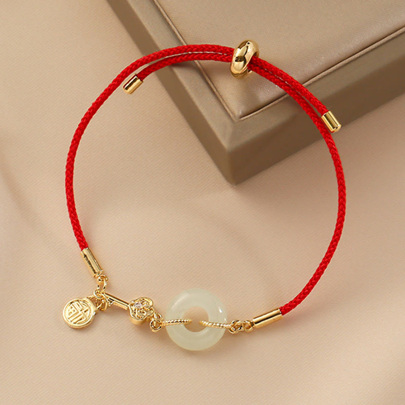 Karma Stone 18K Gold Plated Hetian Jade Peace Buckle Fu Character Luck Red Rope Bracelet