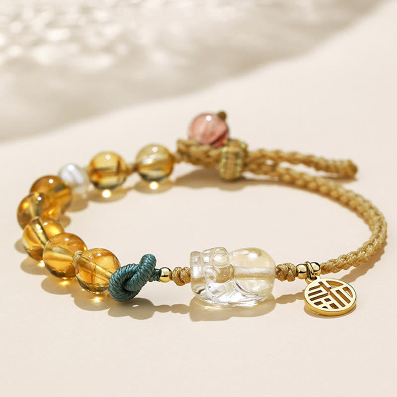 Karma Stone Citrine PiXiu Fu Character Prosperity String Braided Bracelet