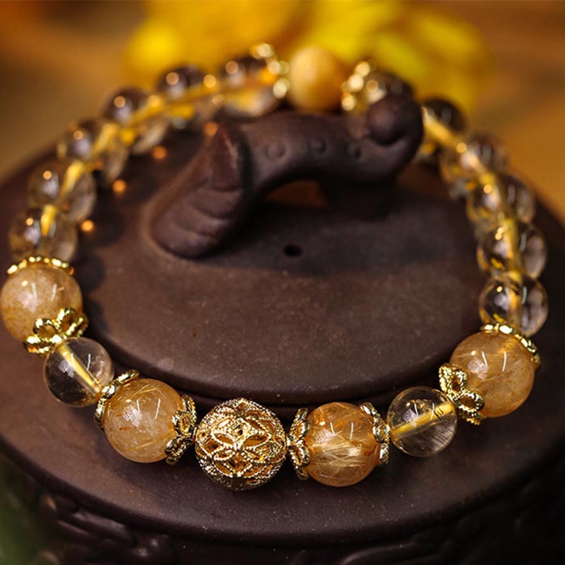 Karma Stone Natural Citrine Amethyst Rutilated Quartz Prosperity Protection Bracelet
