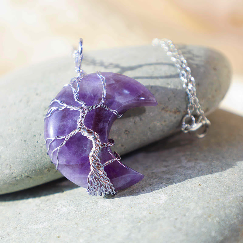Karma Stone Natural Quartz Crystal Moon Tree Of Life Healing Energy Necklace Pendant