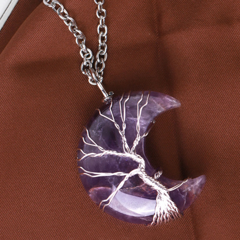 Karma Stone Natural Quartz Crystal Moon Tree Of Life Healing Energy Necklace Pendant
