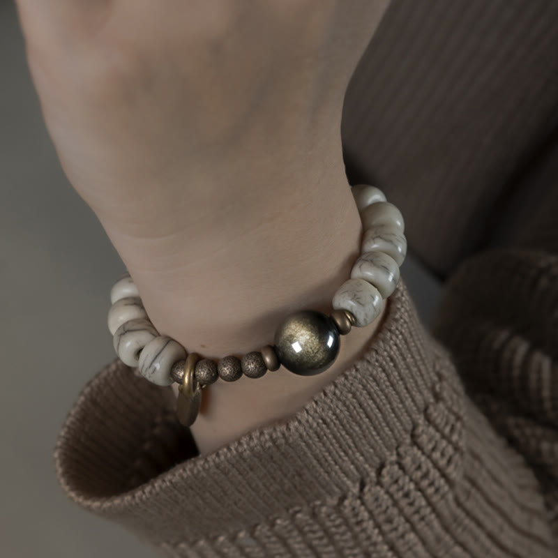 Karma Stone Tibetan Yak Bone Gold Sheen Obsidian Brass Bead Strength Bracelet
