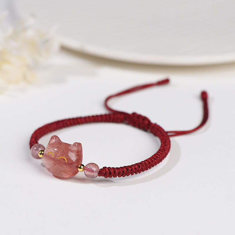 Karma Stone Handmade Natural Silver Sheen Obsidian Strawberry Quartz Cute Cat Protection Braided Bracelet
