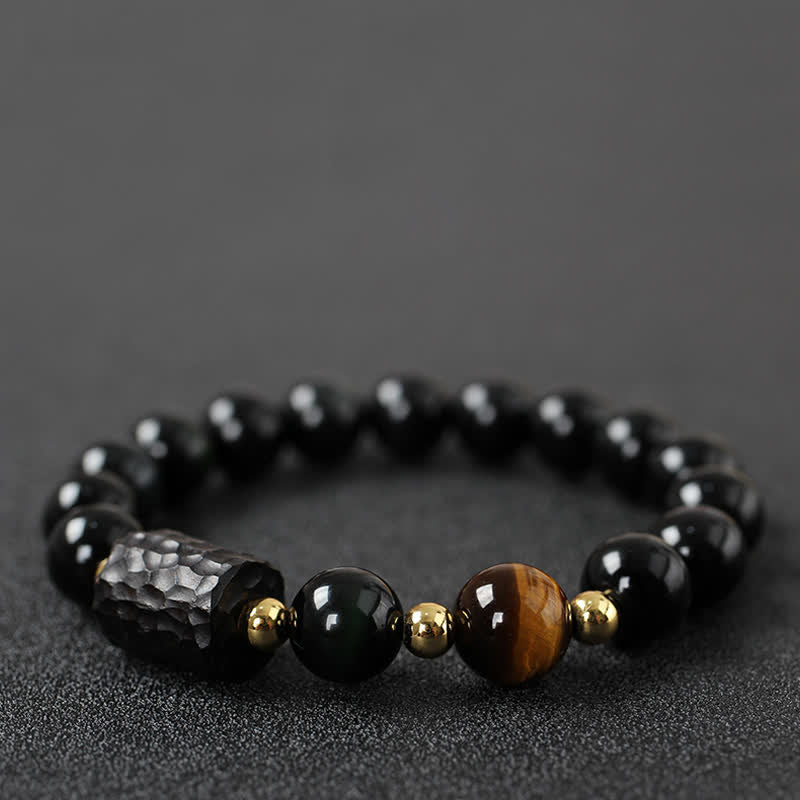 Karma Stone Black Obsidian Ebony Wood Red Tiger Eye Strength Couple Bracelet