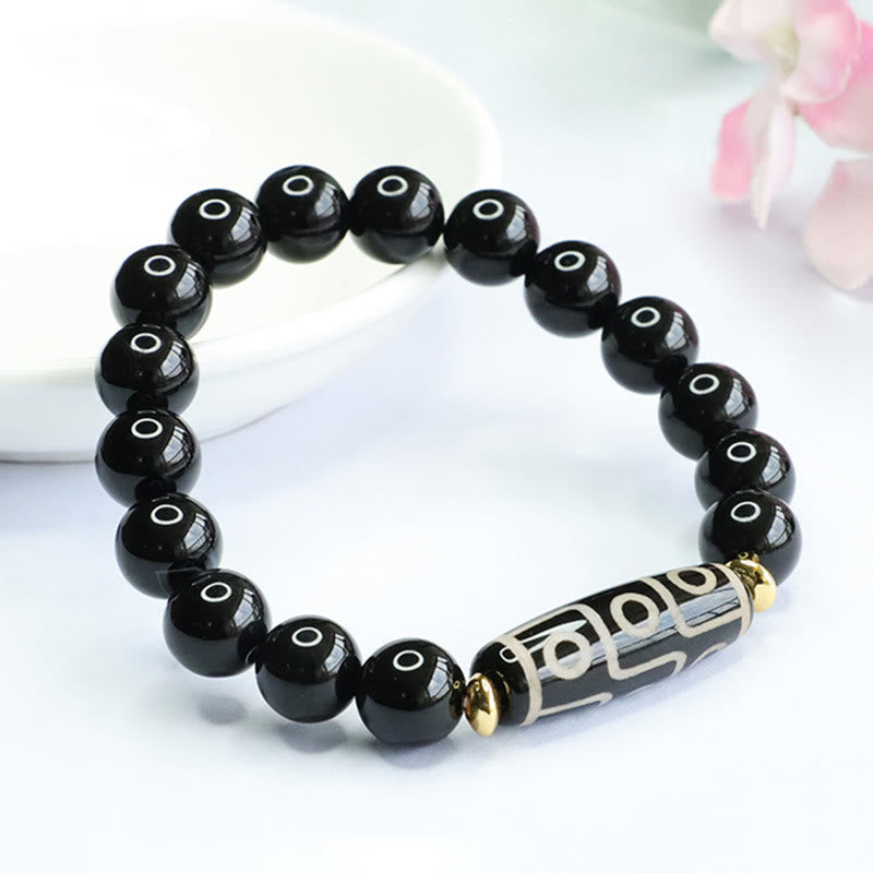 Karma Stone Tibetan Nine-Eye Dzi Bead Black Onyx Power Bracelet