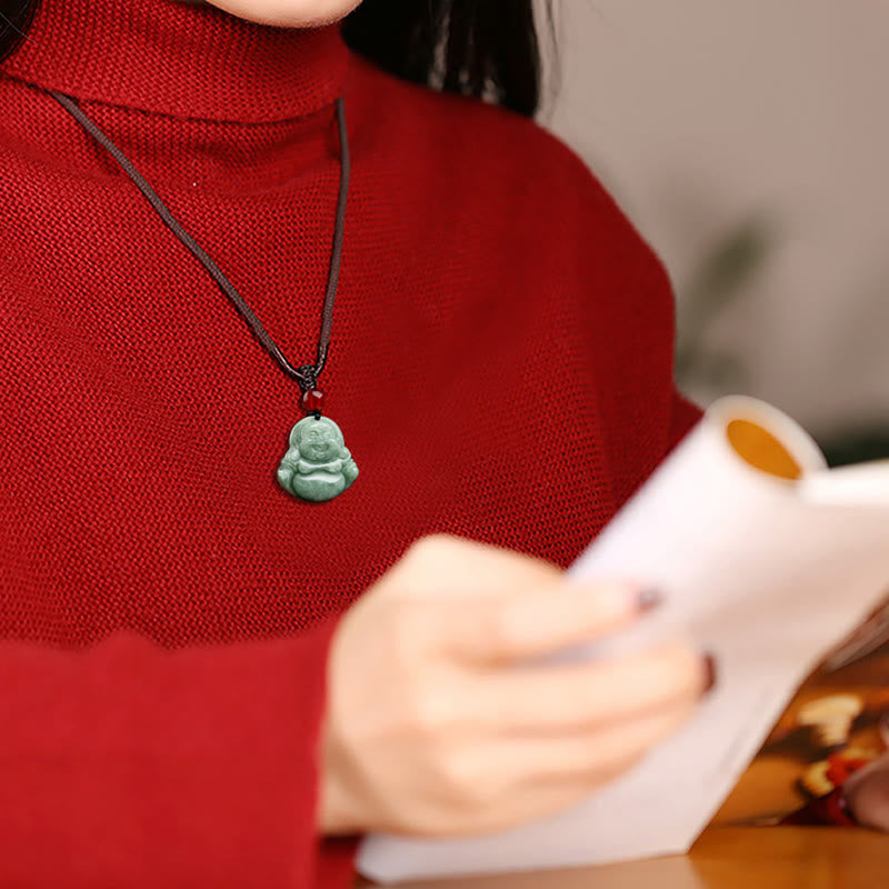 Karma Stone Natural Green Jade Laughing Buddha Luck Abundance Necklace Pendant