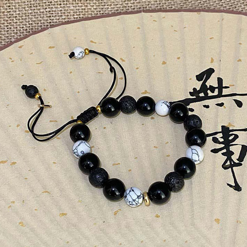 Karma Stone Black Obsidian Lava Rock Stone Yin Yang Strength Bracelet