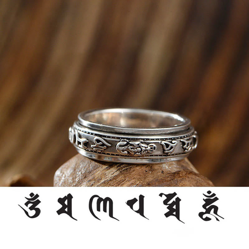 Karma Stone Tibetan Om Mani Padme Hum PiXiu Engraved Wealth Luck Rotatable Ring