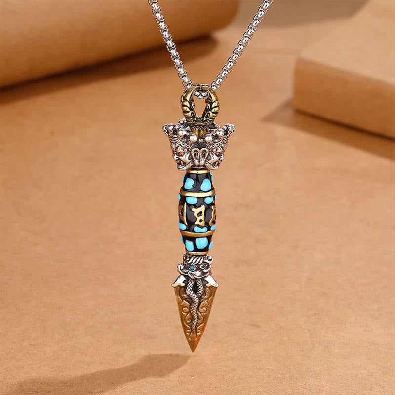 Karma Stone Tibet Om Mani Padme Hum Dzi Bead Dorje Vajra Pattern Wealth Rotatable Necklace Pendant