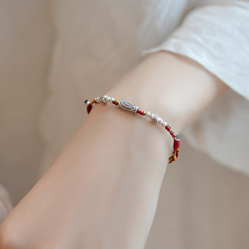 Karma Stone 925 Sterling Silver Luck Koi Fish Braided Colorful String Bracelet Anklet