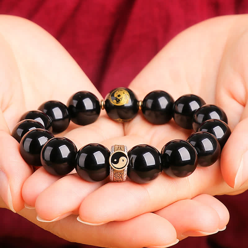 Karma Stone 925 Sterling Silver Black Obsidian Gold Sheen Obsidian Silver Sheen Obsidian Yin Yang Protection Bracelet