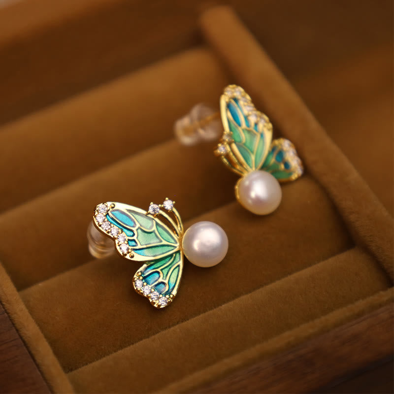 Karma Stone 925 Sterling Silver Posts 18K Gold Plated Copper Natural Pearl Butterfly Healing Stud Earrings