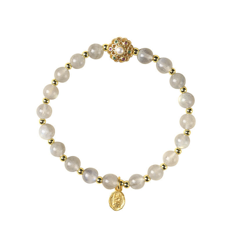Karma Stone 14K Gold Plated Natural Strawberry Quartz Labradorite Sun Stone Fu Character Positive Charm Bracelet
