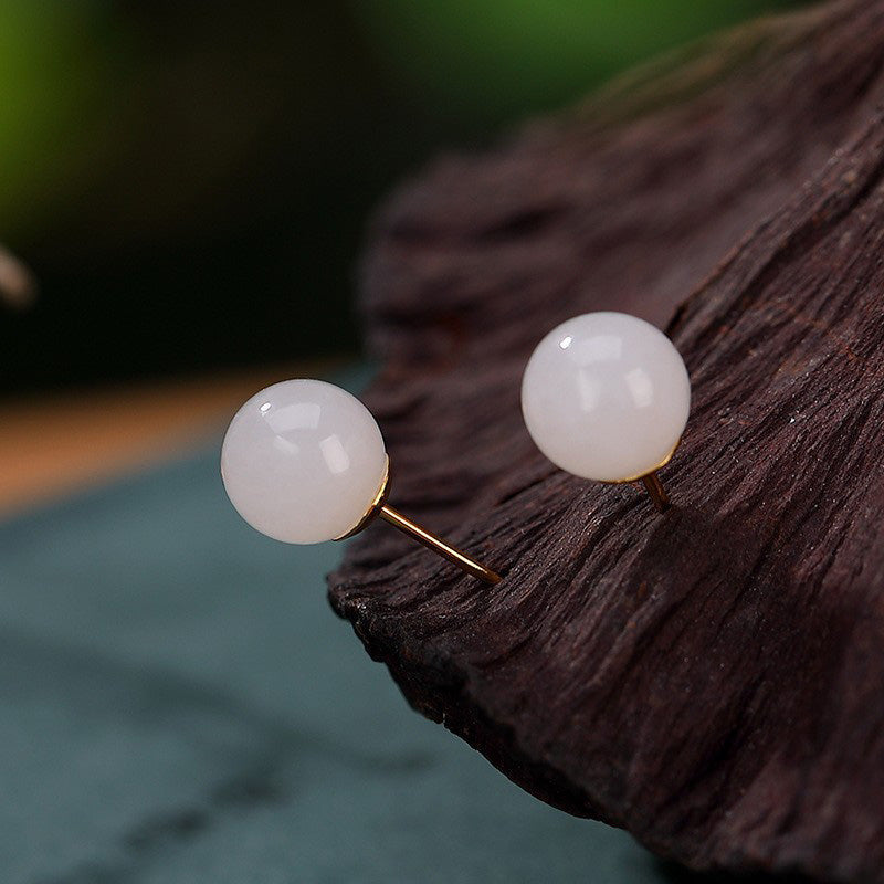 Karma Stone 925 Sterling Silver Round White Jade Blessing Stud Earrings