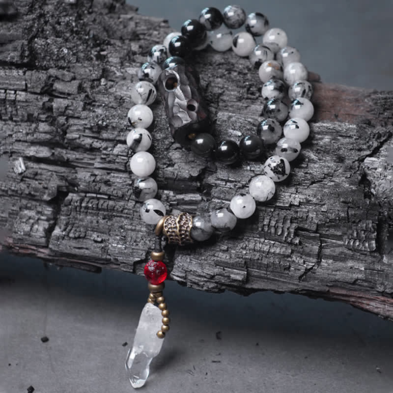 Karma Stone Black Rutilated Quartz Ebony Wood White Crystal Success Couple Bracelet