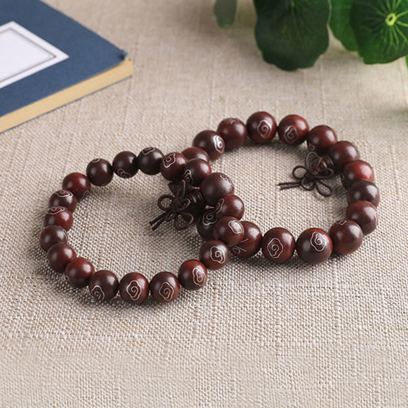 Karma Stone 925 Sterling Silver Inlaid Small Leaf Red Sandalwood Om Mani Padme Hum Character Auspicious Clouds Protection Bracelet