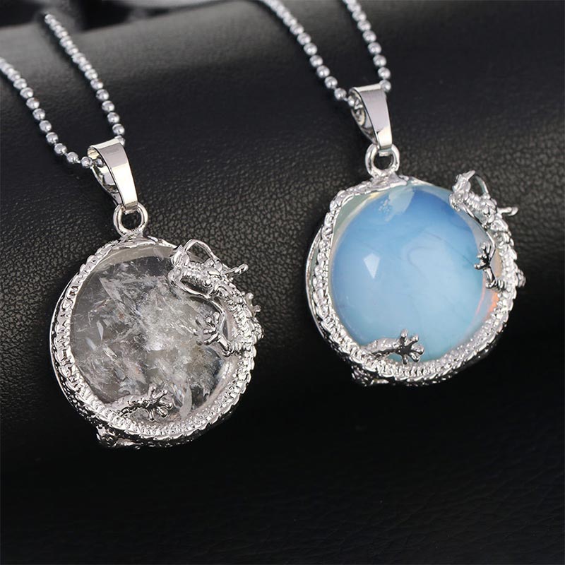 Karma Stone Chinese Dragon Natural Quartz Crystal Healing Energy Necklace Pendant