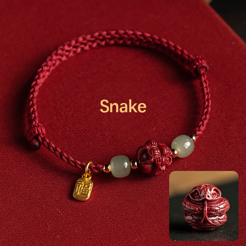 Karma Stone Natural Cinnabar Chinese Zodiac Hetian Jade Fu Character Luck Rope Bracelet