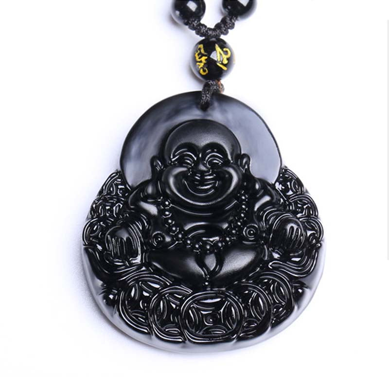 Karma Stone Laughing Buddha Black Obsidian Strength Protection Pendant Necklace