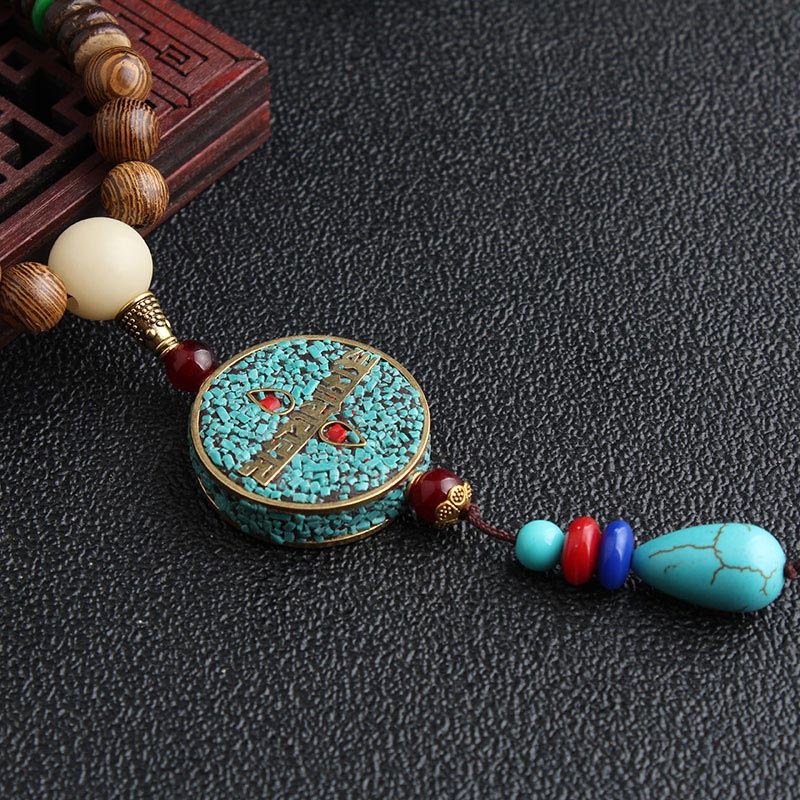 Karma Stone Turquoise Dzi Bead Prayer Wheel Wenge Wood Meditation Necklace