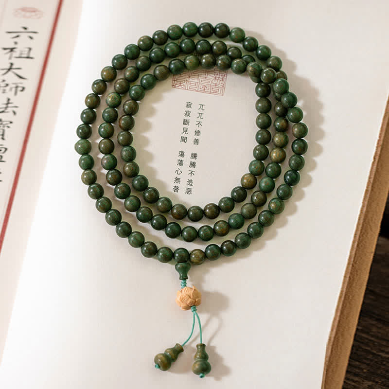 Karma Stone 108-Bead Rosary Green Sandalwood, Boxwood, Lotus, Auspicious Wooden Rosary Bracelet