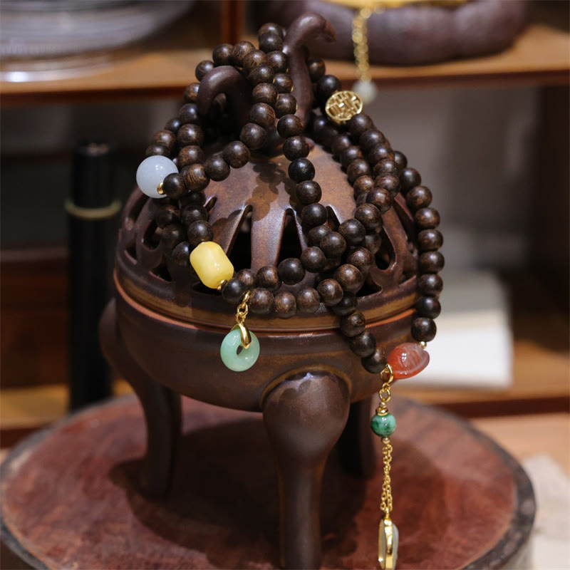 Karma Stone 108-Bead Wooden  Rosary Bracelet Brunei Agarwood, Amber, Red Agate, Peace Knot, Jade Peace Bracelet
