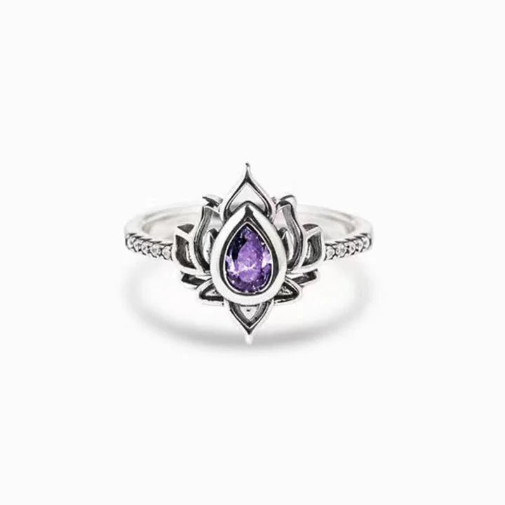 Karma Stone Sterling Silver Lotus Zircon Blessing Protection Ring